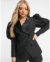 Lavish Alice Lavish - Alice - Lange Blazer Van Satijnmix Met Pofmouwen - Zwart