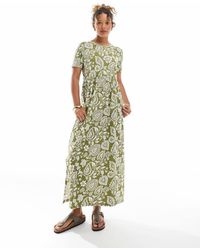 Threadbare - Vestido Midi Caqui De Manga Corta Con Estampado De Cachemir Y Cintura Baja De Punto Liso De - Lyst