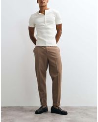 ASOS - Pantalones De Vestir Marrones De Corte Tapered Con Cinturilla Elástica Y Bajos Vueltos - Lyst