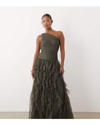 LACE & BEADS - Tulle One Shoulder Waterfall Ruffle Maxi Dress - Lyst