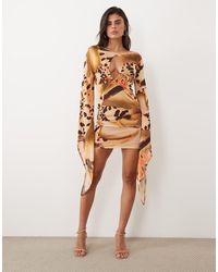 ASOS - Printed Mesh Cape Sleeve Mini Dress With Plunging Keyhole Detail - Lyst