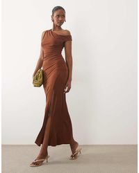 TFNC London - Slinky Fallen Shoulder Thigh Split Maxi Dress - Lyst