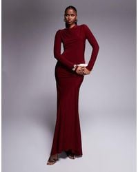 ASOS - Vestido Largo Ceñido Con Cuello Alto Y Detalle Fruncido En La Falda De -Rojo - Lyst