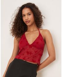 ASOS - Flocked Mesh Plunge Frill Halter Top - Lyst