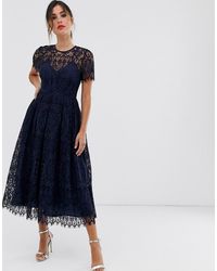 ASOS Lace Midi Dress With Ribbon Tie And Open Back - Blue