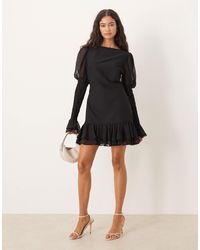ASOS - Slash Neck Dropped Waist Mini Dress With Shirred Sleeves - Lyst