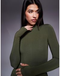 Wanderdoll - Exclusivité - - nara - body d'ensemble seconde peau effet sculptant à manches longues et col montant - olive - Lyst