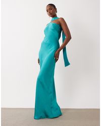 green satin leopard print dress GIOVANNA Twisted Cape Shoulder Maxi Dress in Emerald Green main image 0