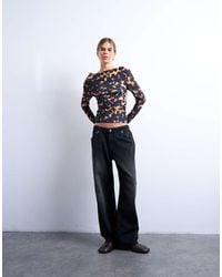 TOPSHOP - Top De Manga Larga Con Estampado Animal Efecto Carey Y Cuello Desbocado De Malla De - Lyst