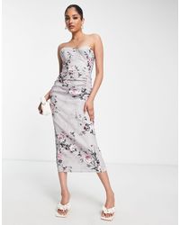 True Violet - Vestito midi a fascia a corsetto argento e rosa con stampa a fiori - Lyst