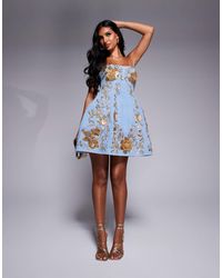 ASOS - 3d Floral Gold Embellished Denim Bandeau Mini Dress With Cage Skirt - Lyst