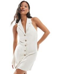 Miss Selfridge - Linen Blend Collared Halter Mini Dress Stone - Lyst
