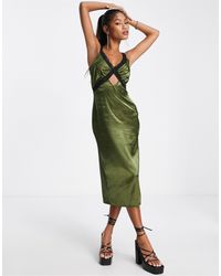 Flounce London Midi Satin Dress With Contrasting Lace Trim - Green