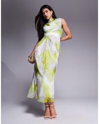 ASOS - – hochgeschlossenes maxikleid mit abstraktem print und drapierter vorderseite - Lyst