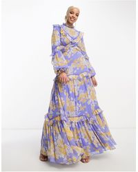 ASOS - Vestido largo lila con mangas blusón, estampado floral, abalorios y ribete - Lyst