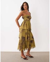 ASOS - Tiered Printed Mesh Midaxi Dress - Lyst