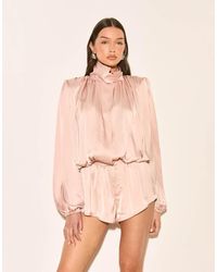 Noughts & Kisses - Satin High Neck Extreme Drape Balloon Sleeve Playsuit - Lyst