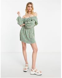 ASOS - Plisse Frill Bardot Mini Dress With Long Sleeves - Lyst