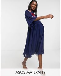 knee length dresses for ladies Rent ASOS DESIGN Lace Insert Pleated Midi Dress With Embroidery In Navy main image 1