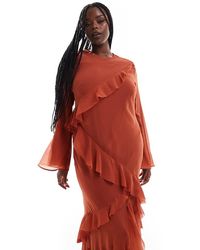 ASOS - Vestido Largo Color Óxido De Manga Larga Acampanada Con Volantes De Asos Design Curve-Rojo - Lyst