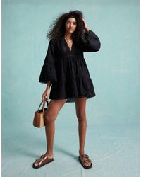 Miss Selfridge - Beach Broderie Lace Insert Fluted Sleeve Cover Up Mini Dress - Lyst