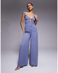 ASOS - Mono Largo Negro De Pernera Ancha Con Estampado De Lunares, Detalle Tipo Corsé E Inserto De Encaje De -Azul - Lyst