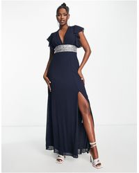 TFNC London - Bridesmaid Chiffon Maxi Dress With Flutter Sleeve And Embellished Waist - Lyst