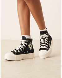 Converse - Zapatillas De Deporte Negras Con Flores Bordadas Chuck Taylor All Star Lift Hi De - Lyst