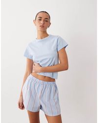 ASOS - Short Sleeve Baby Tee & Woven Stripe Short Set With Lace Trim - Lyst