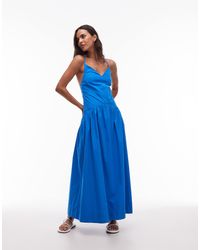 TOPSHOP - Robe mi-longue en popeline avec décolleté plongeant en v - bleu profond - Lyst