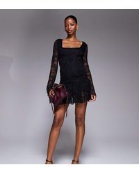 Kaiia - Exclusive Double Layered Slinky Lace Square Neck Godet Hem Detail Mini Dress - Lyst