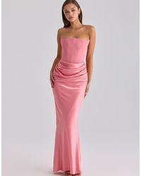 House Of Cb - Persephone Raspberry Satin + Crepe Strapless Corset Maxi Dress - Lyst
