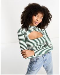 ASOS - 2 In 1 Long Sleeve Rib Top With Cut Out In Green And Ecru Stripe - Lyst