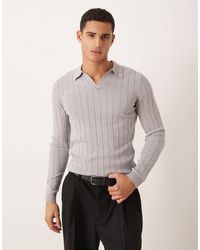 ASOS - Polo moulant en maille côtelée à manches longues et col polo à encoche - clair chiné - Lyst