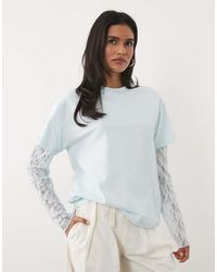 Miss Selfridge - Oversized Tshirt With Lace Sleeve - Lyst