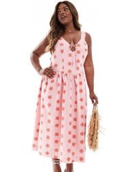 Renee Studio - Plus Exclusive Shirred Back Corset Detail Tie Front Strappy Midi Dress - Lyst