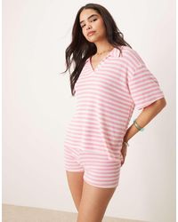 ASOS - Top A Rayas Rosas Y Blancas Estilo Polo De Rugby De Manga Corta Con Solapas De Punto De (Parte De Un Conjunto) - Lyst