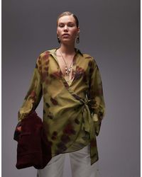ASOS - Overhemd Van Chiffon Met Diep Decolleté, Overslag En Tie-Dye Print - Lyst