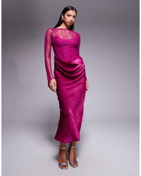 ASOS - Robe longue à manches longues en satin avec col montant et jupe drapée superposée en velours - prune - Lyst