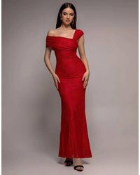 Goddiva - One Shoulder Pleated Bardot Lace Maxi Dress - Lyst