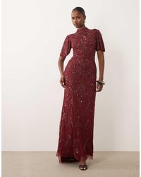 Beauut - Embellished High Neck Flutter Sleeve Maxi Dress - Lyst