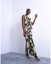 TOPSHOP - Vestido Largo Con Estampado Floral Vintage Vibrante, Cuello Desbocado Subido Y Costuras De - Lyst