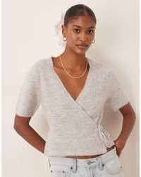 Gina Tricot - Short Sleeve V Neck Knitted Wool Alpaca Wrap Tie Front Top - Lyst
