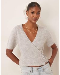 Gina Tricot - Short Sleeve V Neck Knitted Wool Alpaca Wrap Tie Front Top - Lyst