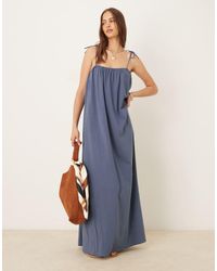 Mango - Vestido Largo Azul Denim Holgado Con Detalle De Tirantes Anudados De - Lyst