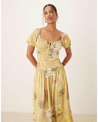 ASOS - Crinkle Shirred Waist Milkmaid Puff Sleeve Midi Tea Dress - Lyst