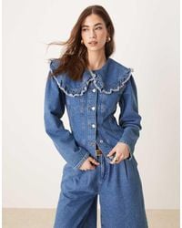 ASOS - Chaqueta Vaquera Con Volantes En Las Solapas Y Detalle De Costuras De (Parte De Un Conjunto)-Azul - Lyst