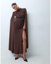 Ruched & Ready - Mesh High Neck Cape Detail Ruched Thigh Split Maxi Dress - Lyst