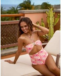 South Beach - X misha grimes - maillot 1 pièce noué autour du cou à découpe et imprimé fleurs abstrait - Lyst