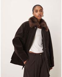 Mango - Veste parka en coton avec col en fausse fourrure - marron - Lyst